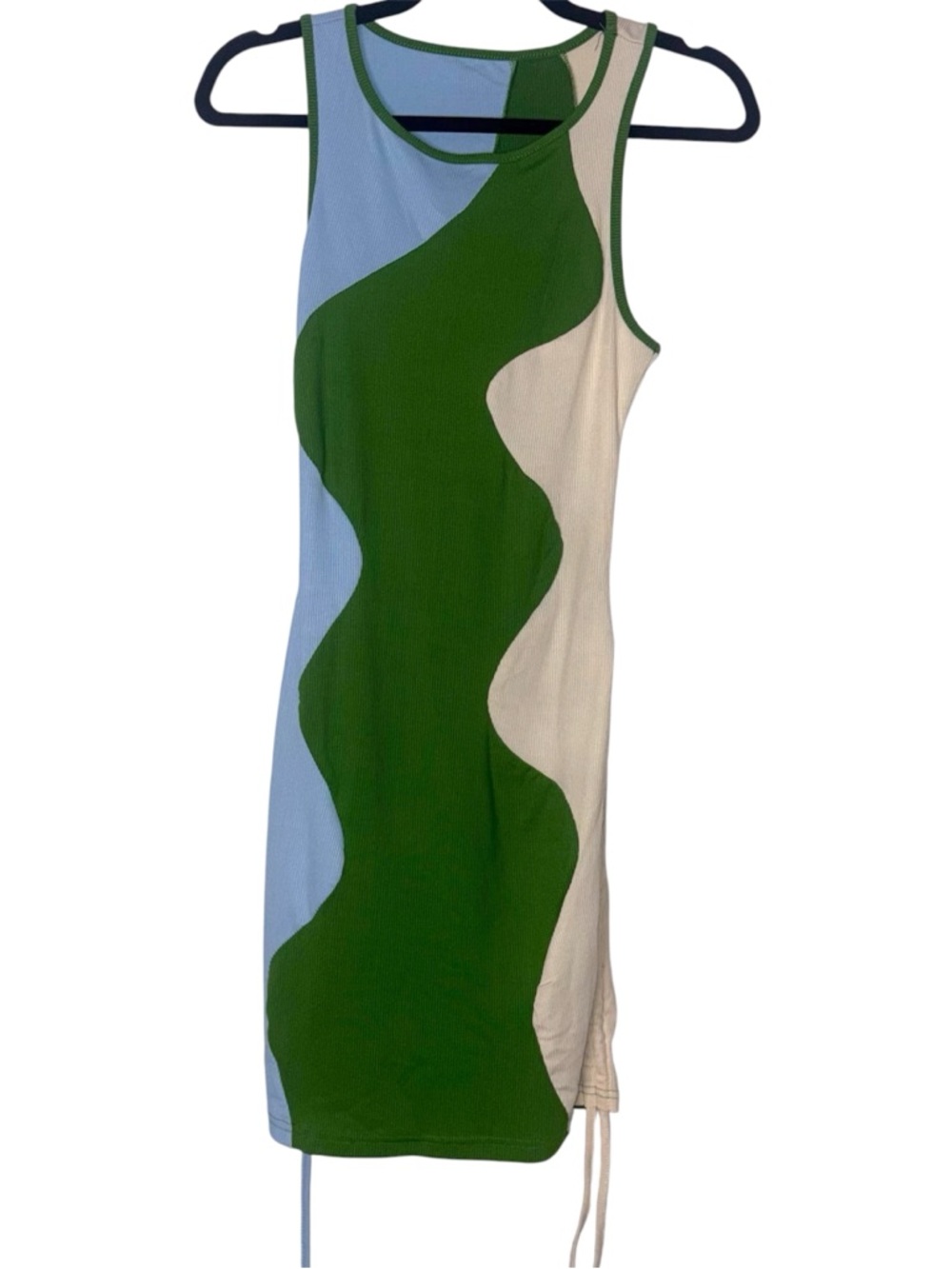 Wave-Panel Sleeveless Dress in Green, Blue & Cream